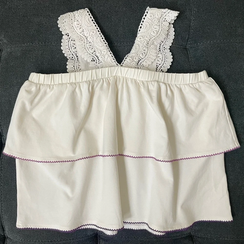Matilda Jane Enchanted Garden Coconut Tiered Ruffle Top with Purple Trim